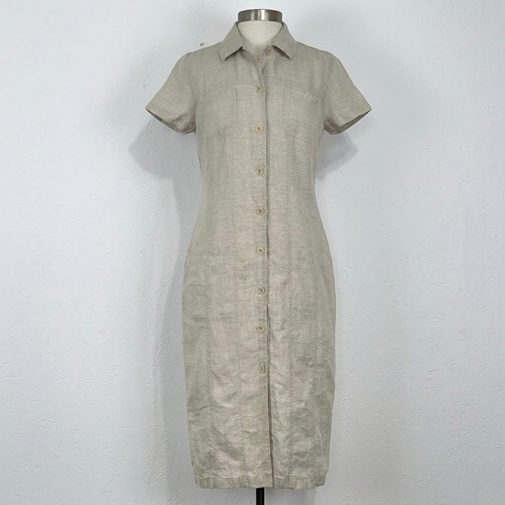 Capsule Minimalist Euro Linen Shirt Midi Dress Sz 12 Petites Button Front Khaki